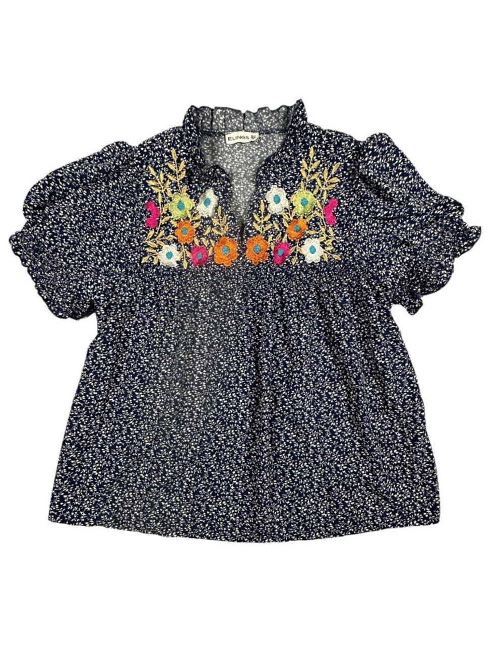 Elings Floral Embroidered Navy Blouse Short Puff Sleeves Ruffle Neckline Polyest - Picture 2 of 8